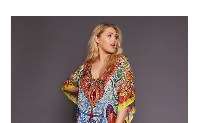 Fashion Orange Colorful Geometric Print Plus Size Maxi Dress,Sunscreen Shirts