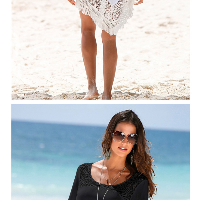 Fashion Black Lace Flower Round Neck Fringed Midi Sunscreen Dress,Sunscreen Shirts