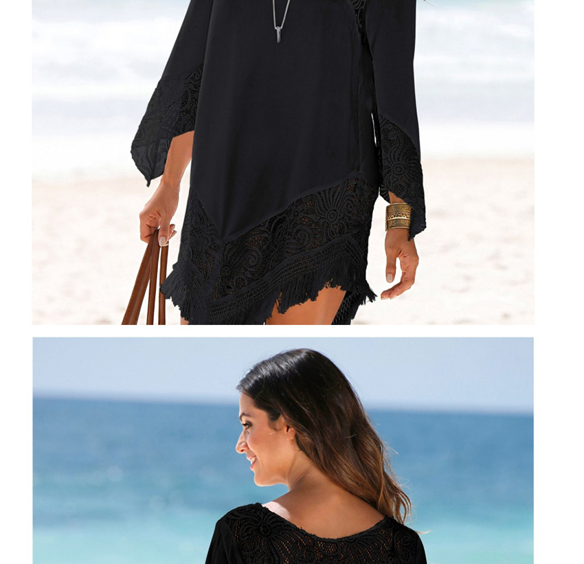 Fashion Black Lace Flower Round Neck Fringed Midi Sunscreen Dress,Sunscreen Shirts