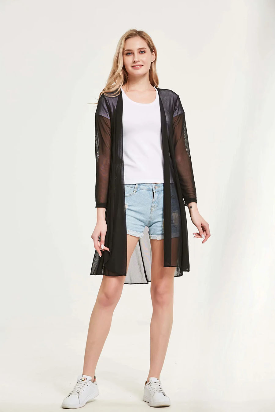 Fashion Black Mesh Cardigan Mid-length Coat,Sunscreen Shirts