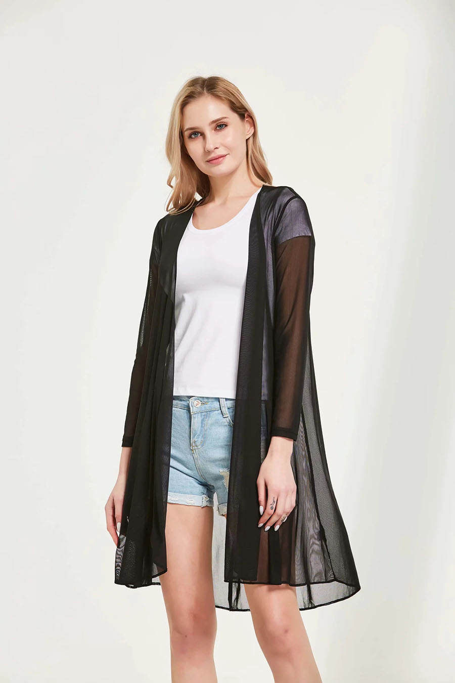 Fashion Black Mesh Cardigan Mid-length Coat,Sunscreen Shirts