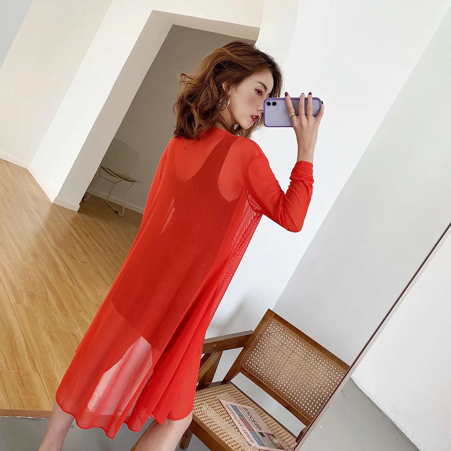 Fashion Red Mesh Cardigan Mid-length Coat,Sunscreen Shirts