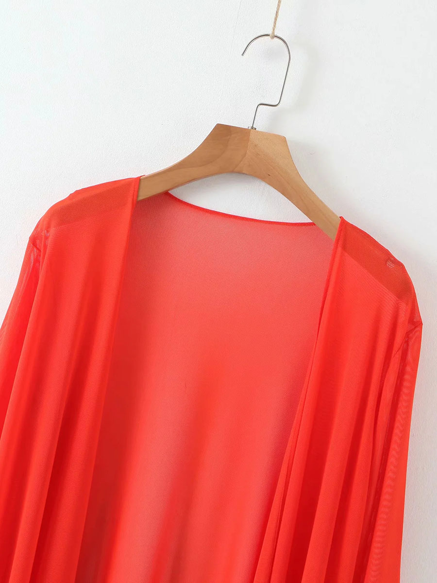 Fashion Red Mesh Cardigan Mid-length Coat,Sunscreen Shirts