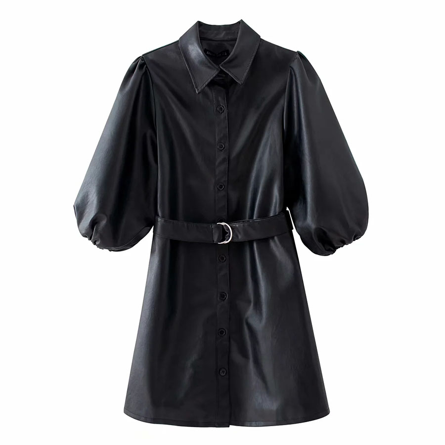 Fashion Black Lantern Sleeved Single-breasted Leather Coat With Belt,Coat-Jacket
