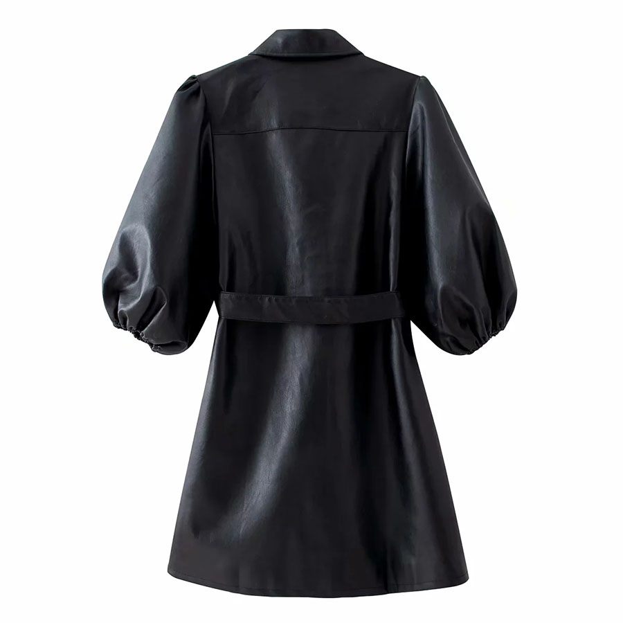 Fashion Black Lantern Sleeved Single-breasted Leather Coat With Belt,Coat-Jacket