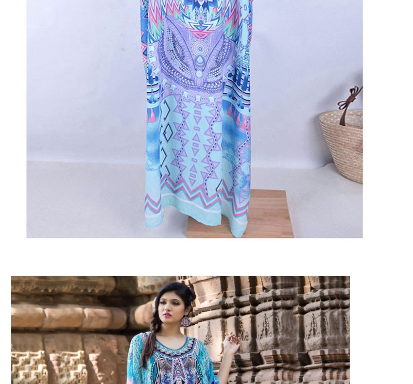 Fashion Round Neck Blue Positioning Flower Nylon Positioning Printed Sunscreen Dress,Sunscreen Shirts