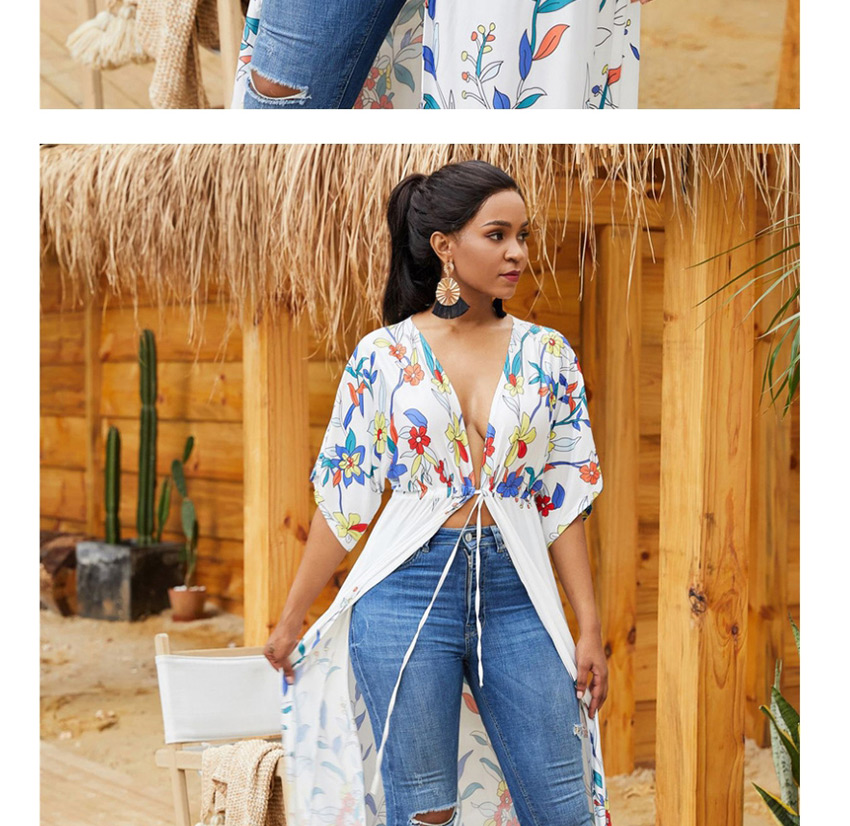 Fashion Flower Cardigan With Two Positions On White V-neck Flower Print Long Sunscreen,Sunscreen Shirts