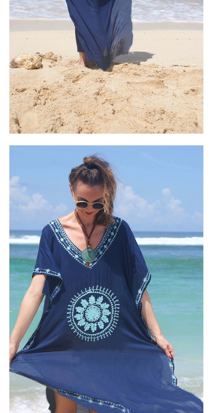 Fashion Dark Blue Nylon Embroidered Loose Large Plus Size Sunscreen Clothing,Sunscreen Shirts