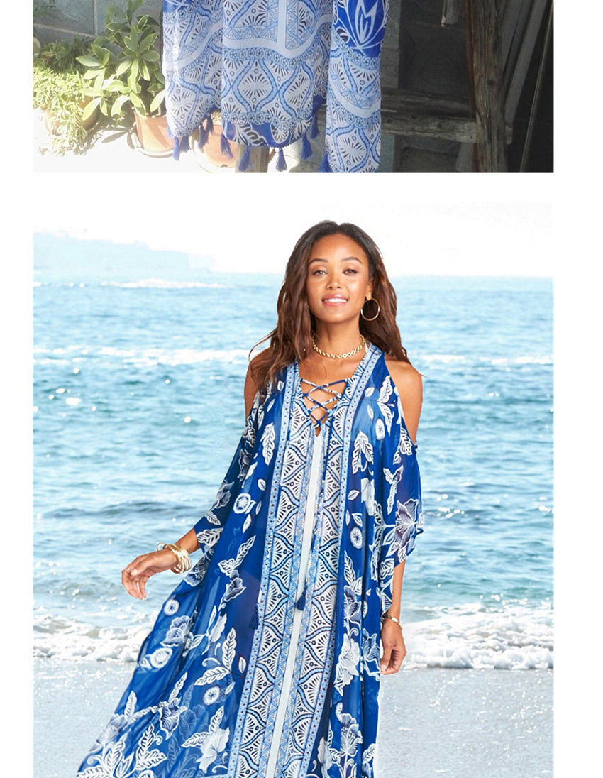 Fashion Blue Chiffon Printed Loose Plus Size Strapless Fringed Sunscreen,Sunscreen Shirts