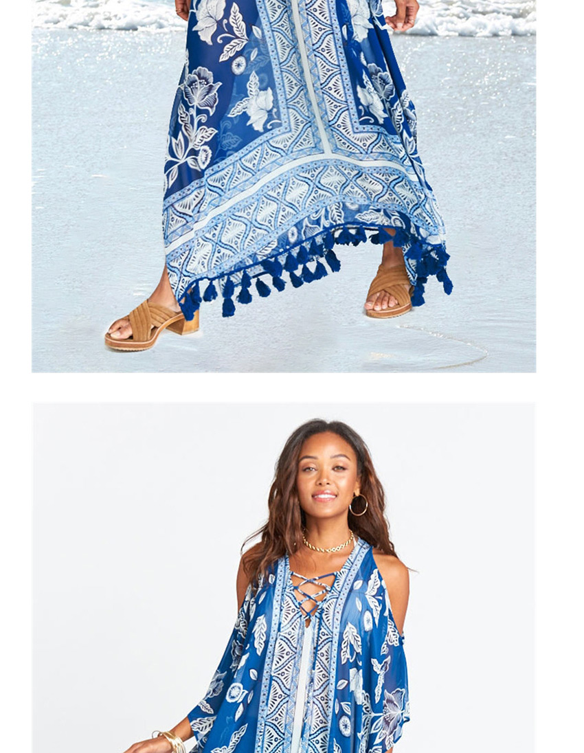 Fashion Blue Chiffon Printed Loose Plus Size Strapless Fringed Sunscreen,Sunscreen Shirts