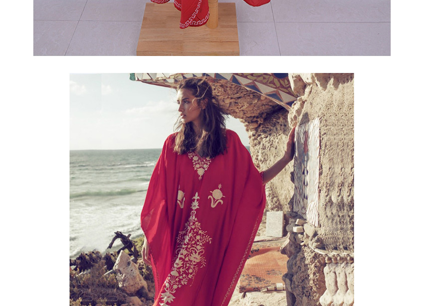 Fashion Red Embroidered Robe Cotton Embroidered Tunic Loose Dress Blouse,Sunscreen Shirts