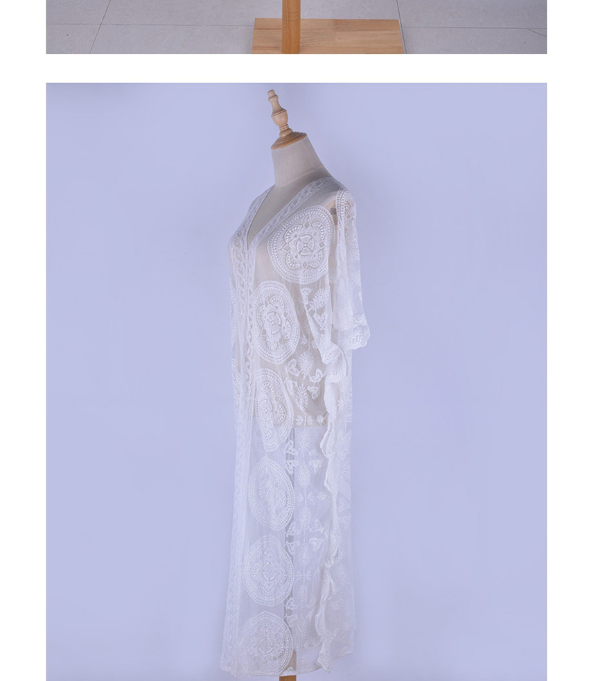 Fashion White Mesh Embroidered Long Cardigan Sun Protection Clothing,Sunscreen Shirts