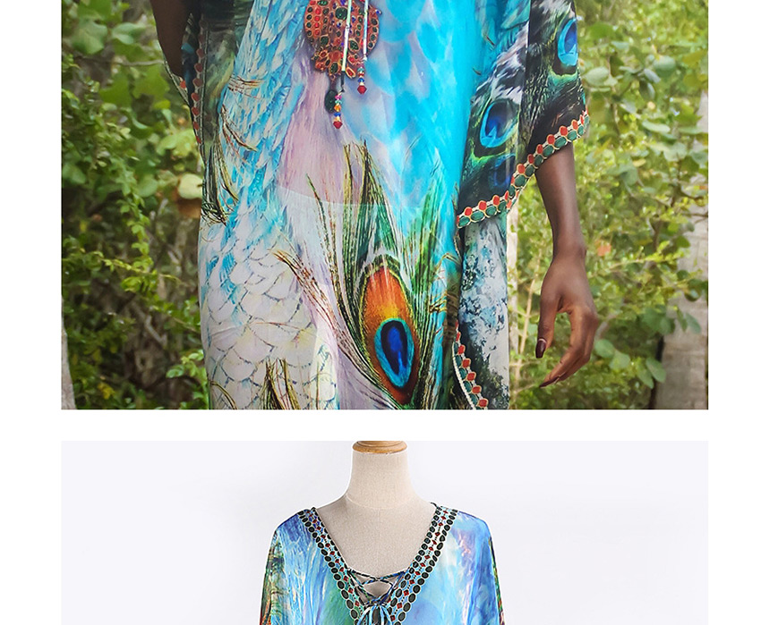 Fashion Royal Blue Chiffon Peacock Feather Loose Sun Protective Maxi Dress,Sunscreen Shirts