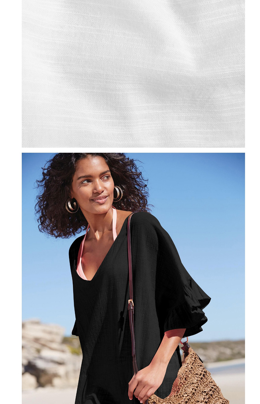 Fashion Black Bamboo Cotton V-neck Ruffle Sunscreen Dress,Sunscreen Shirts