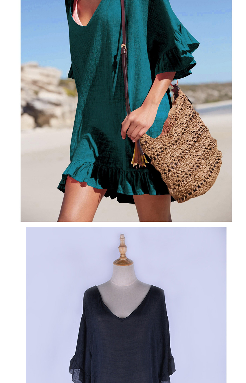 Fashion Black Bamboo Cotton V-neck Ruffle Sunscreen Dress,Sunscreen Shirts