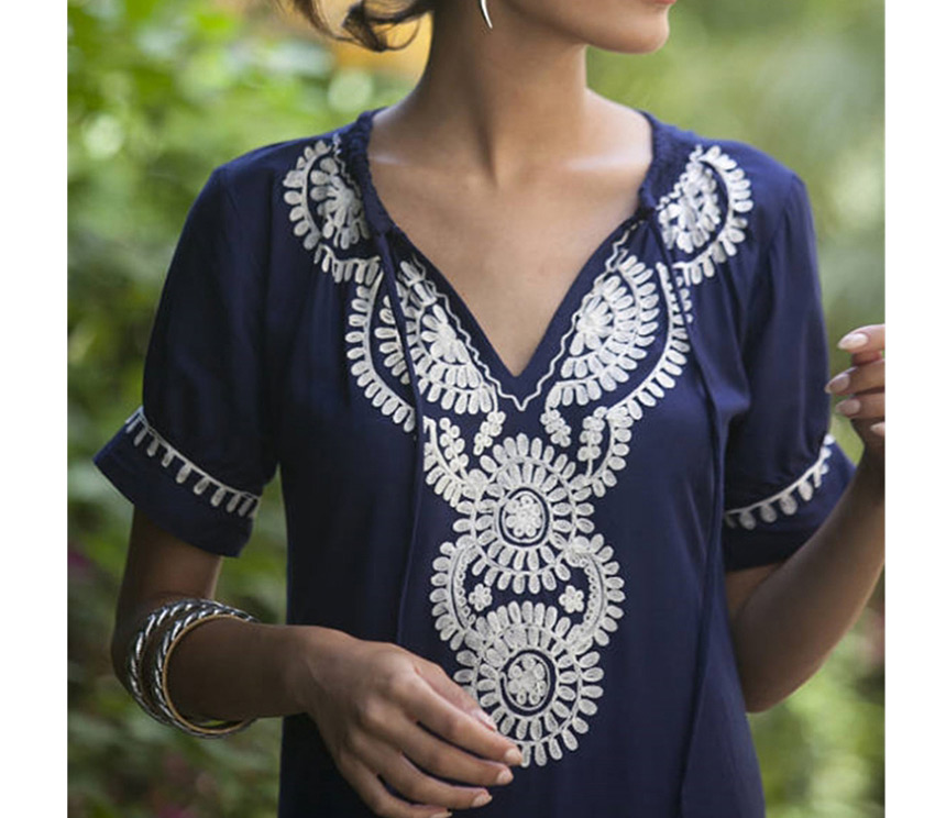 Fashion Navy Cotton Short-sleeved Embroidered Tunic Smock Dress,Sunscreen Shirts