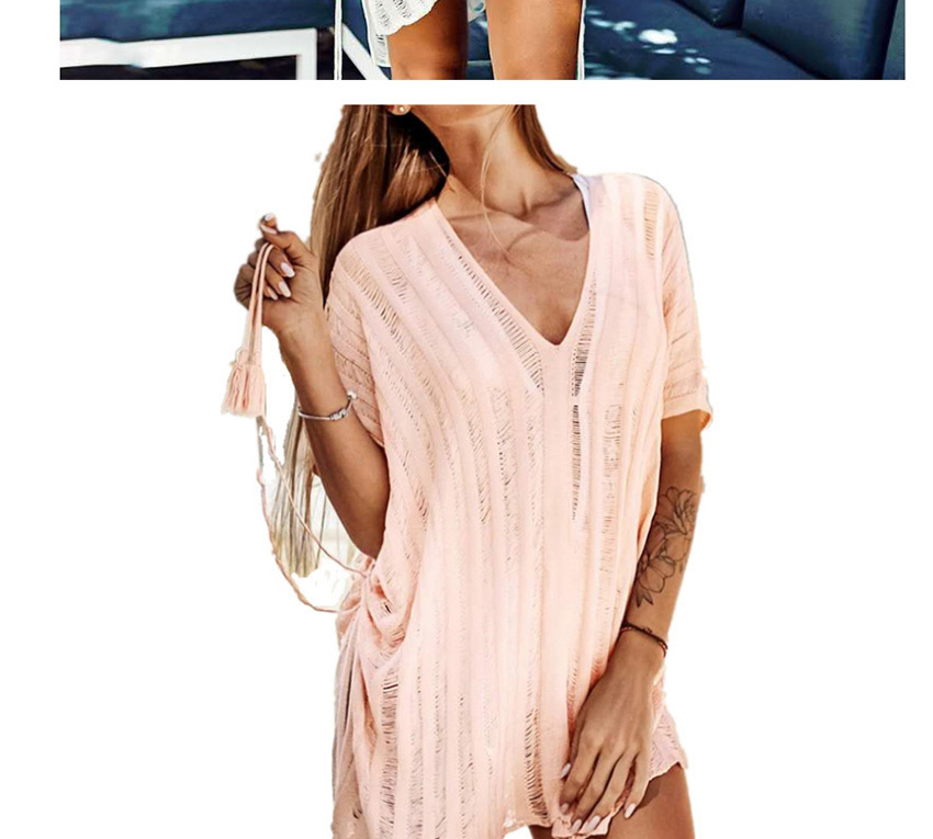 Fashion Pink Open-knit Loose Seaside V-neck Sun Dress,Sunscreen Shirts
