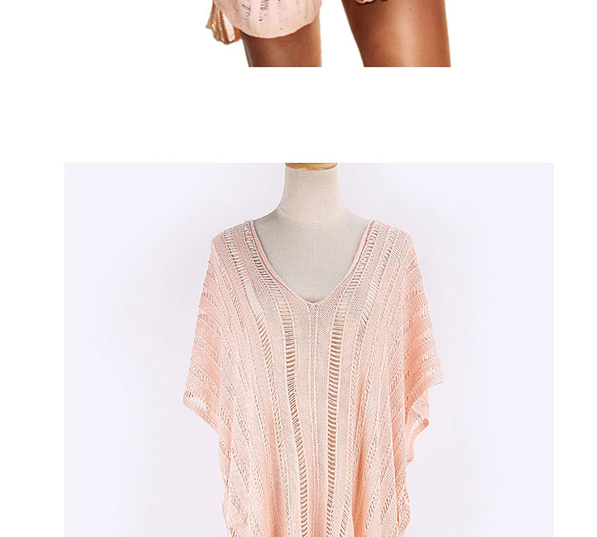 Fashion Pink Open-knit Loose Seaside V-neck Sun Dress,Sunscreen Shirts