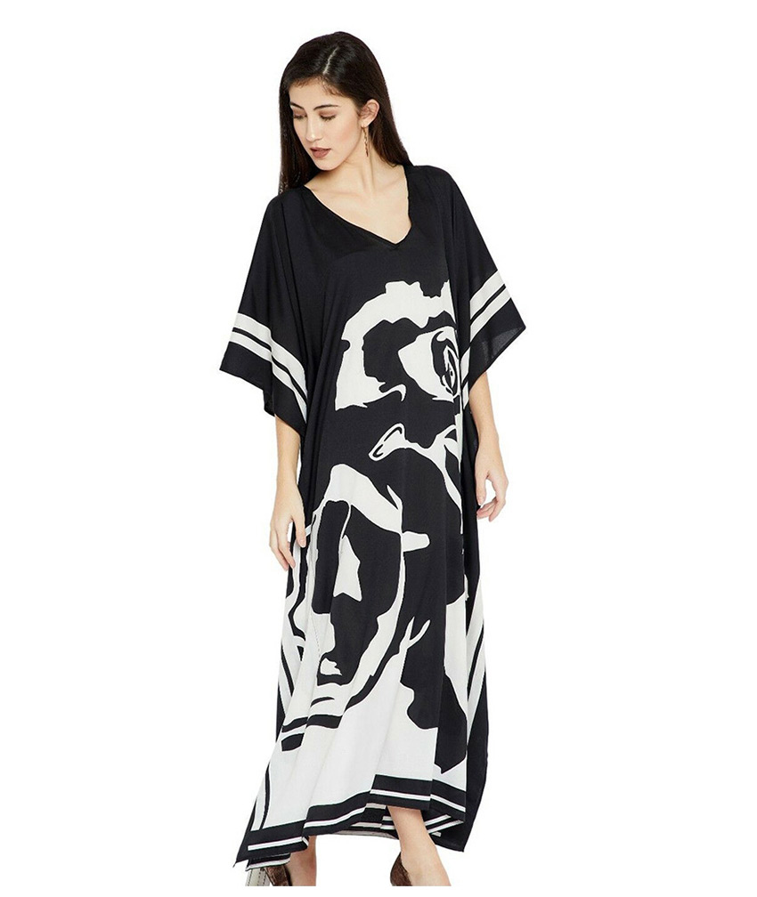 Fashion Black And White Black And White Floral Print Loose Long Sun Dress,Sunscreen Shirts