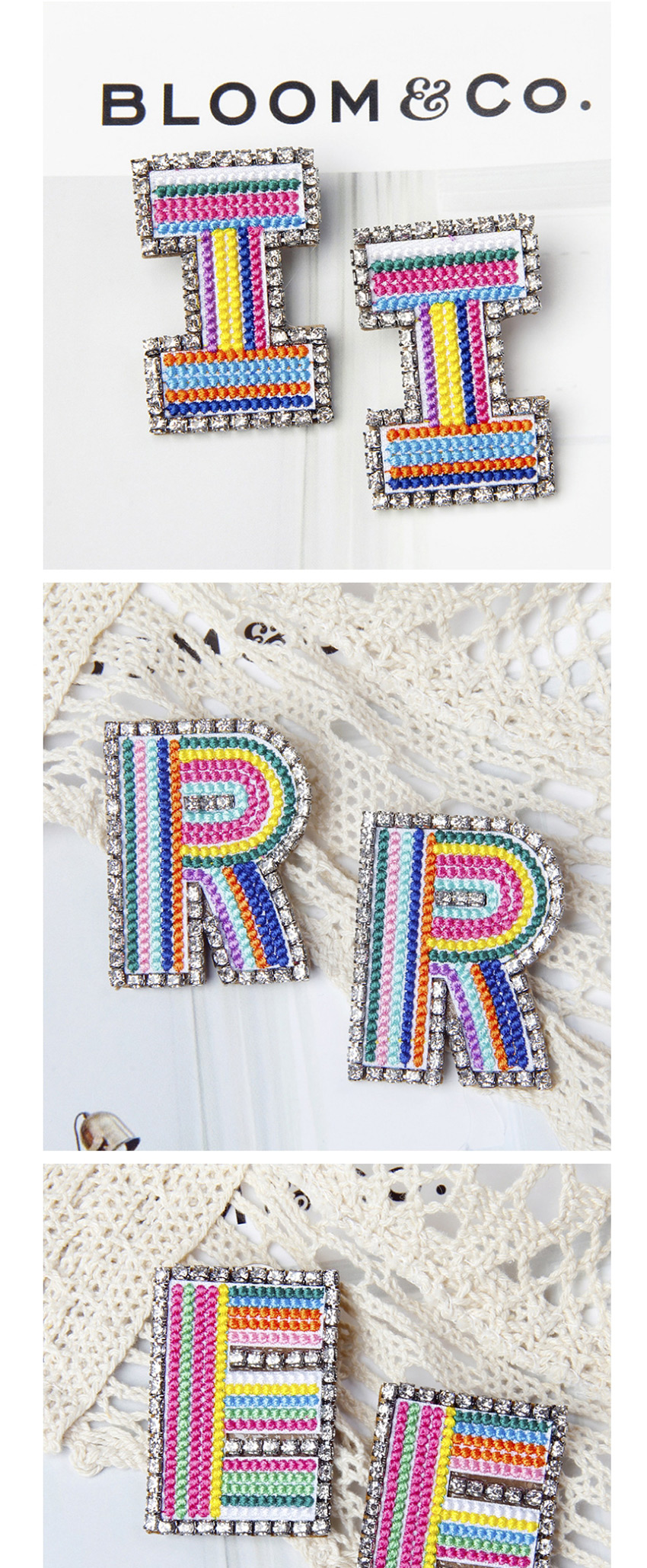 Fashion F Color Alphabet Embroidered Contrast Diamond Earrings,Stud Earrings