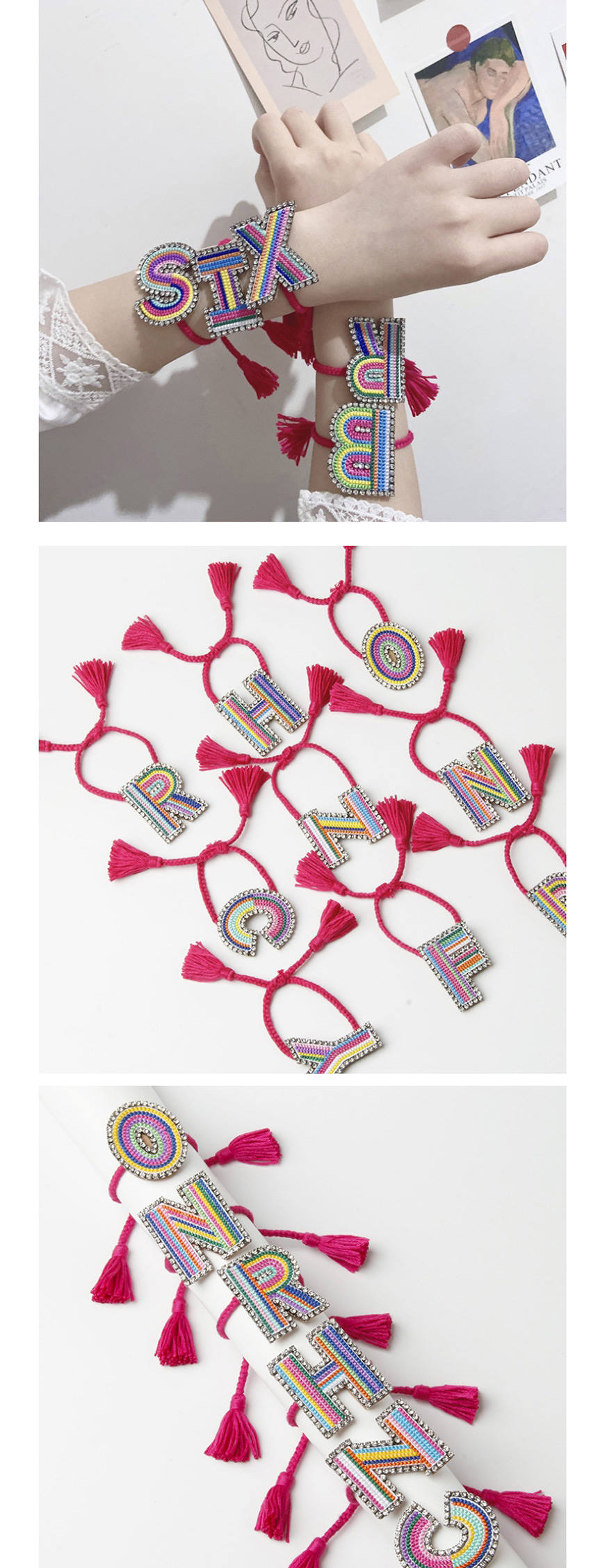 Fashion H Color Embroidered Woven Adjustable Crystal Alphabet Bracelet,Fashion Bracelets