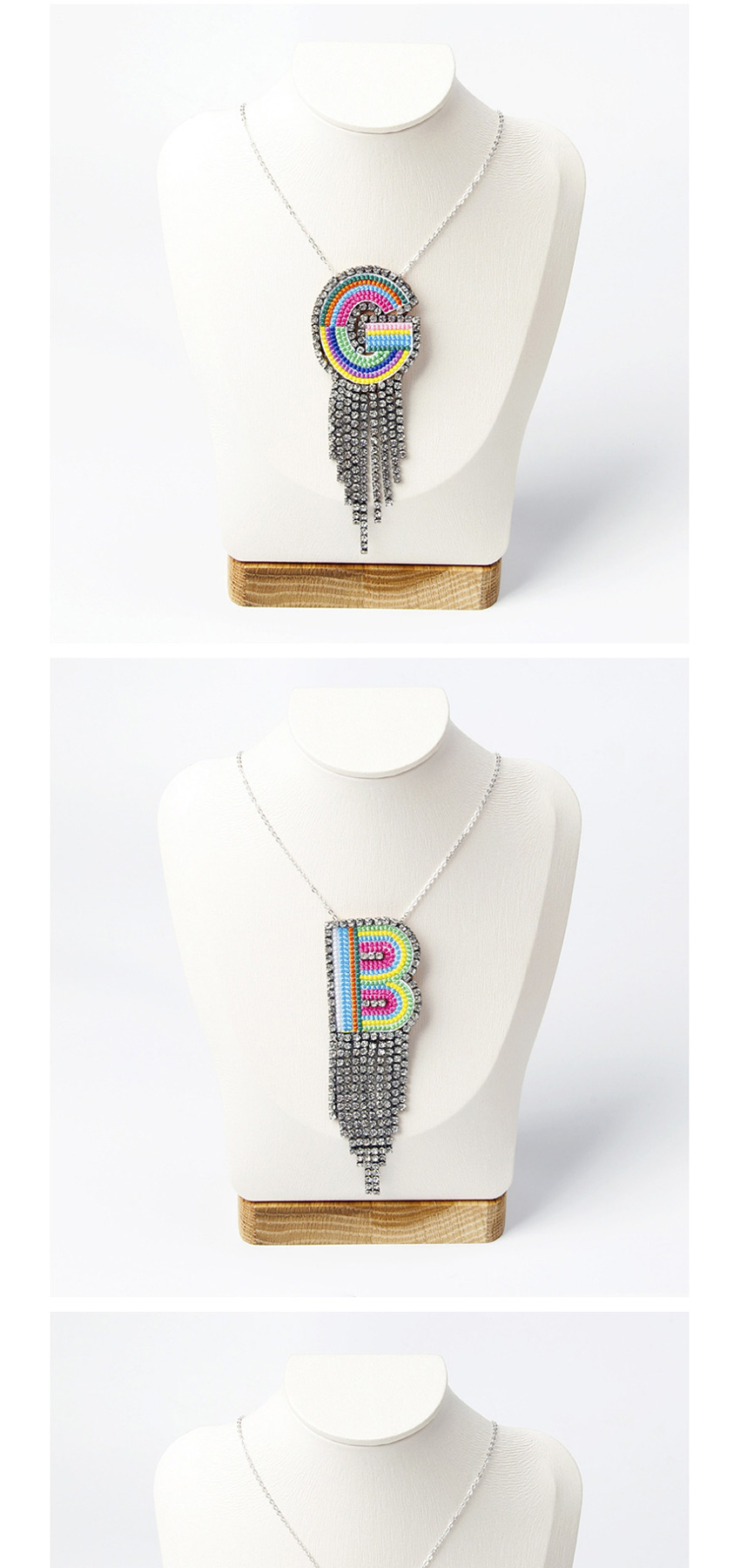 Fashion I Color Alphabet Mixed Color Embroidered Diamond And Fringe Necklace,Pendants