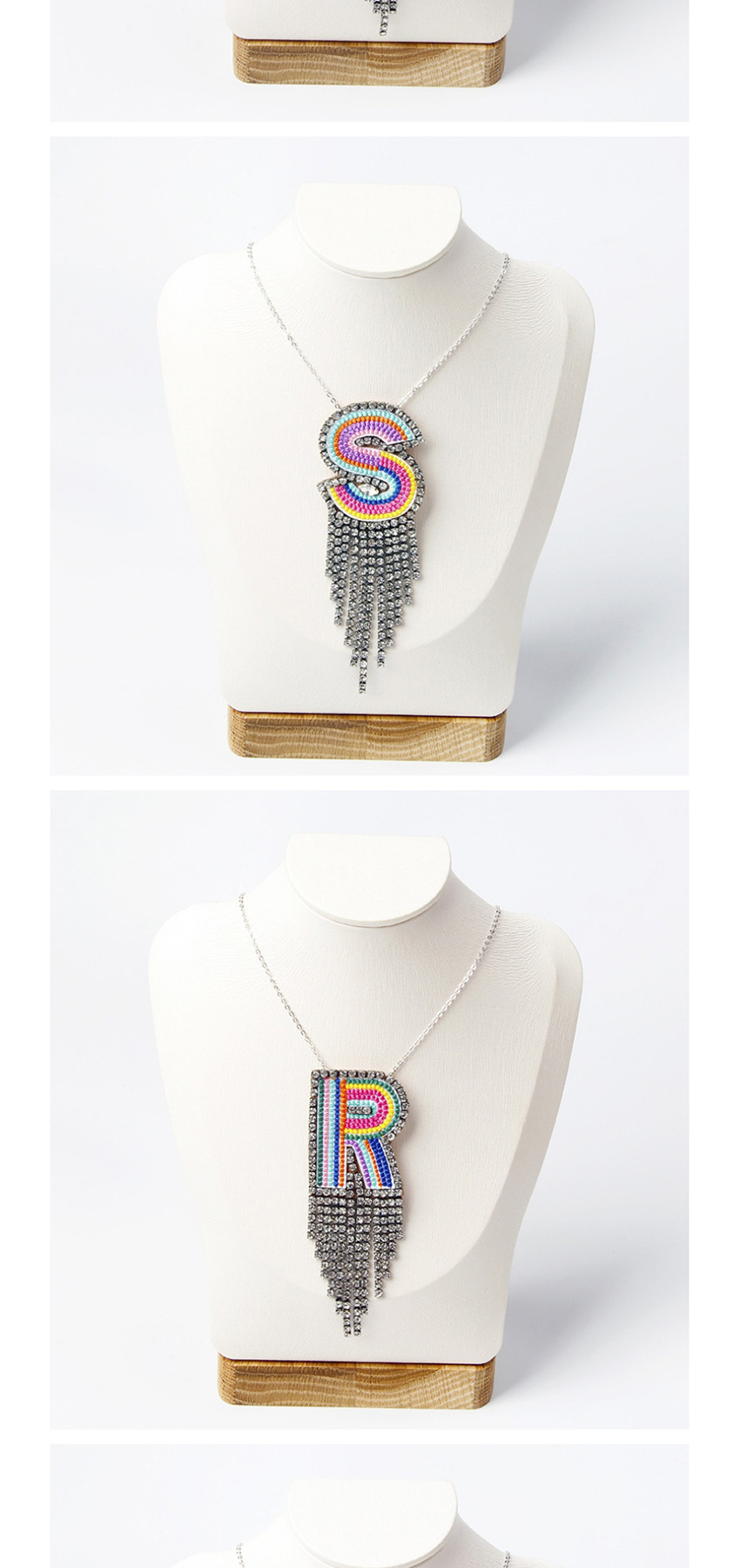 Fashion F Color Alphabet Mixed Color Embroidered Diamond And Fringe Necklace,Pendants
