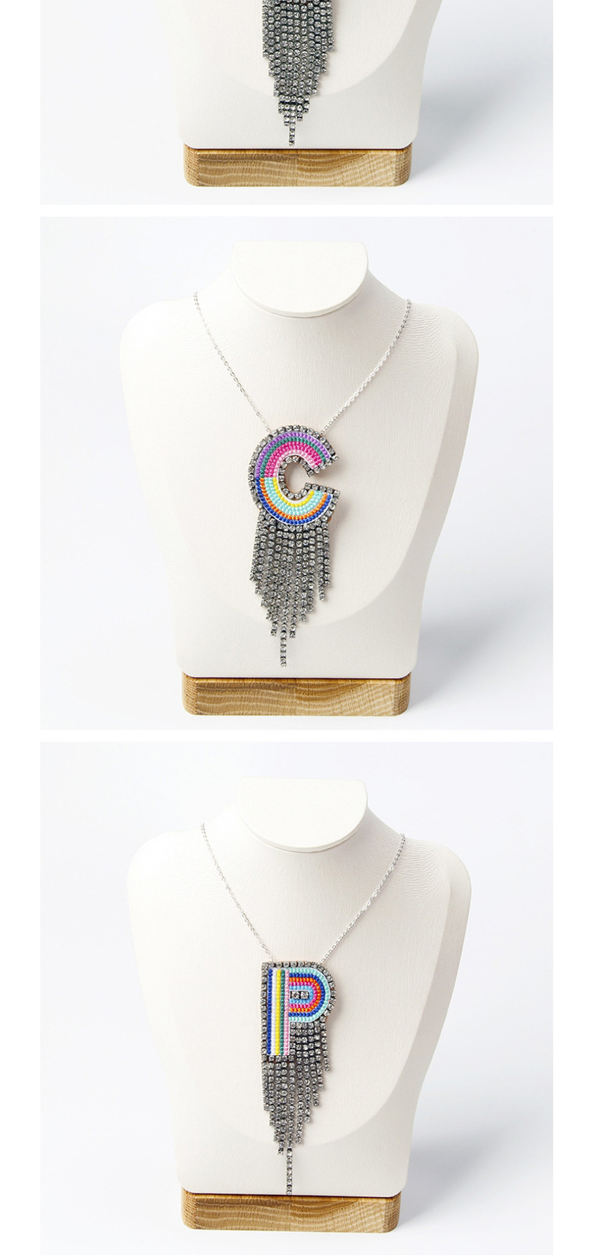 Fashion F Color Alphabet Mixed Color Embroidered Diamond And Fringe Necklace,Pendants