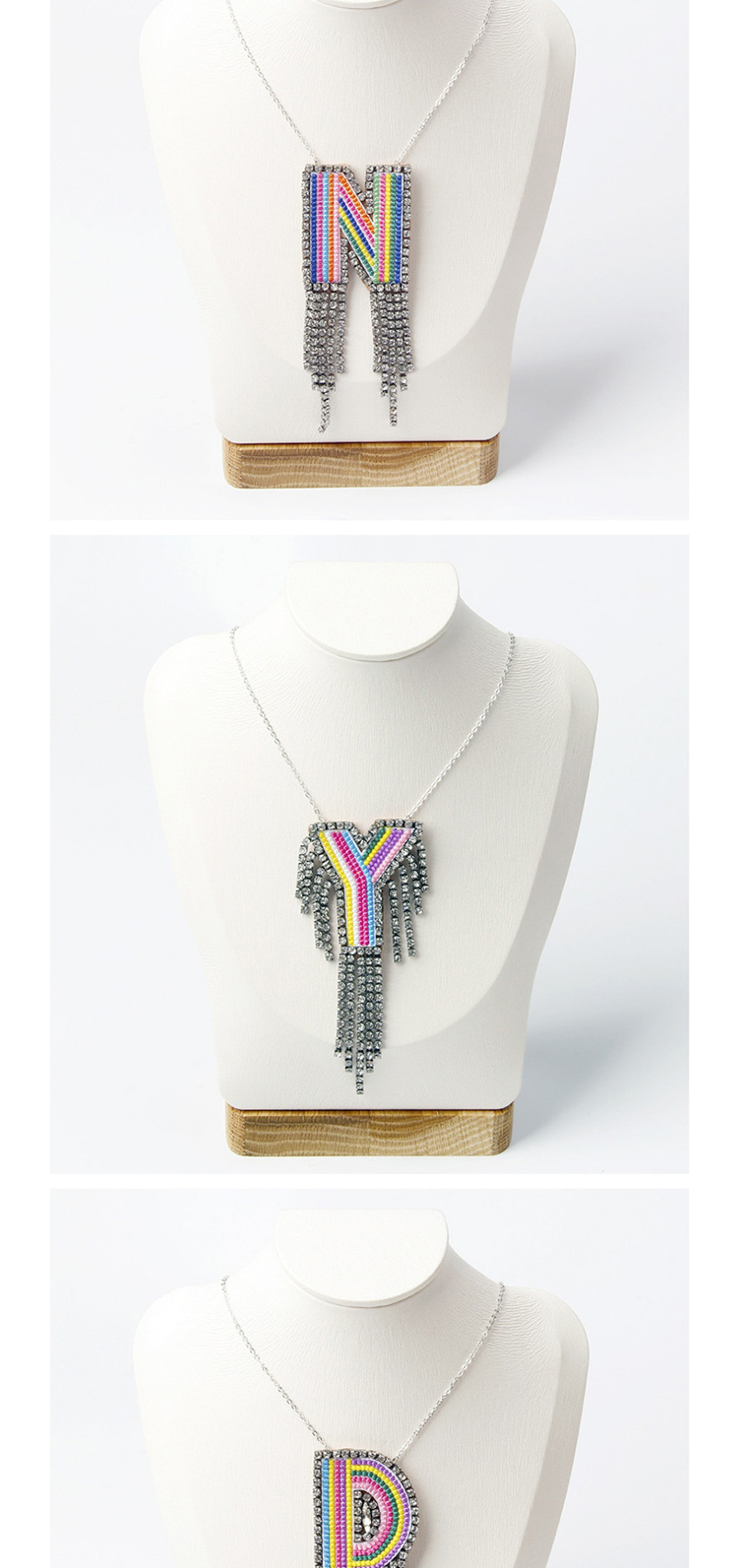 Fashion I Color Alphabet Mixed Color Embroidered Diamond And Fringe Necklace,Pendants