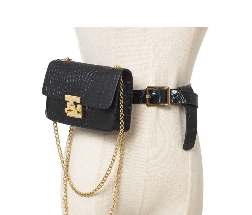 Fashion Trumpet Black Snakeskin Chain Lock Single Shoulder Diagonal Belt Belt Bag,Thin belts