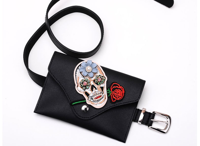 Fashion Pink Single Circle Pu Leather Embroidered Skull Belt Belt Bag,Thin belts