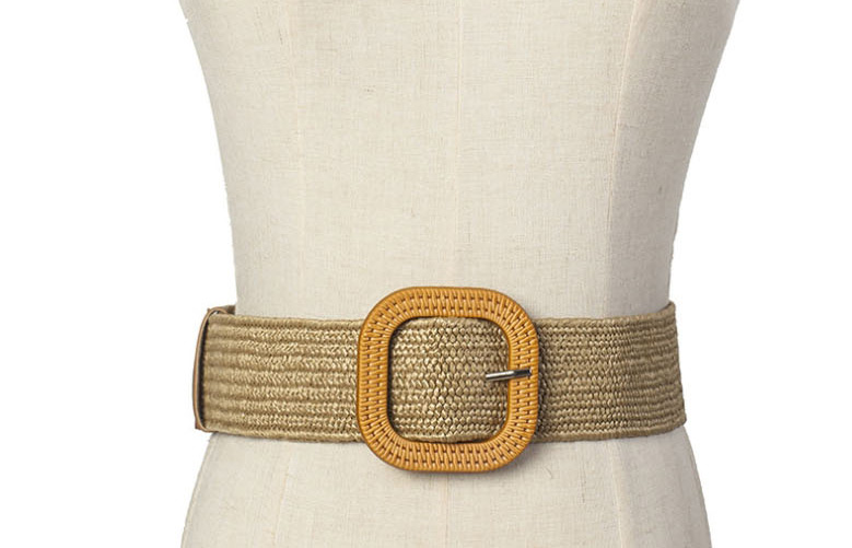 Fashion Khaki Woven Carved Wooden Button Stretch Dress Shirt Waist Seal,Wide belts