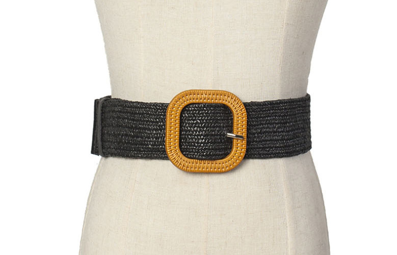 Fashion Black Woven Carved Wooden Button Stretch Dress Shirt Waist Seal,Wide belts