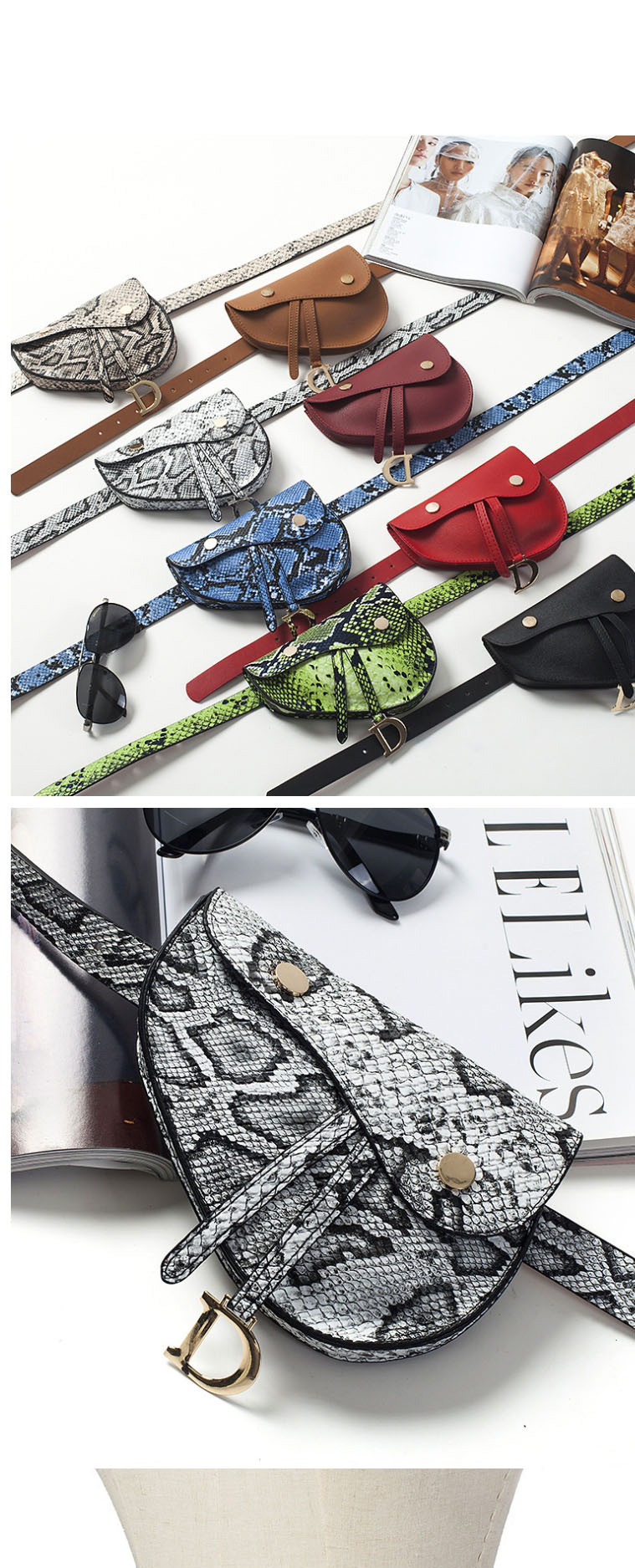 Fashion Black Snakeskin Buckle Geometric Flap Belt Belt Bag,Thin belts