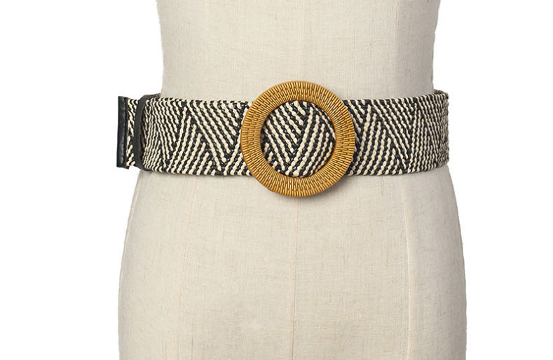 Fashion Black And White Stripes Woven Carved Wooden Button Stretch Dress Shirt Waist Seal,Wide belts