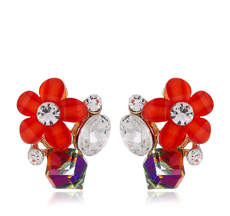 Fashion Red Alloy Crystal Flower Stud Earrings,Stud Earrings