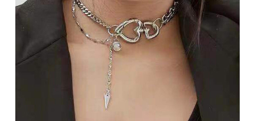 Fashion Silver Metal Thick Chain Love Buckle Tassel Clavicle Chain,Pendants