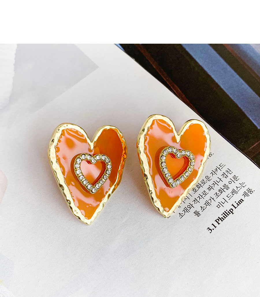 Fashion Orange Love Heart Stud Earrings With Diamonds,Stud Earrings