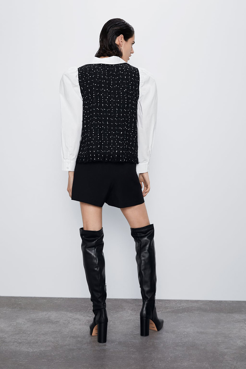 Fashion Black Tweed Paneled Contrast Lapel Top,Coat-Jacket