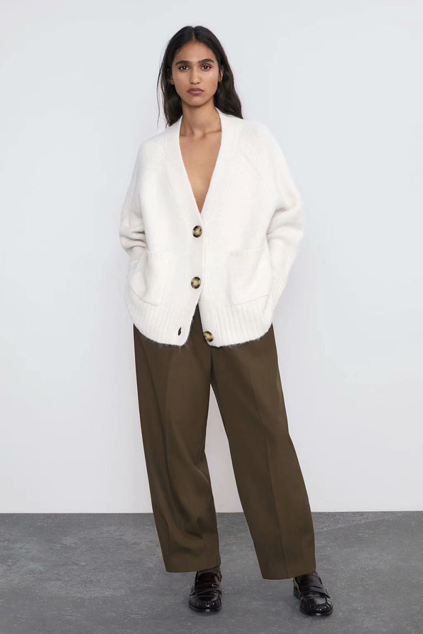 Fashion White Large Pocket Knitted Single-breasted Cardigan,Sweater