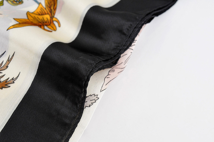 Fashion Black Contrast Border Flower Print Simulation Silk Scarf,Thin Scaves
