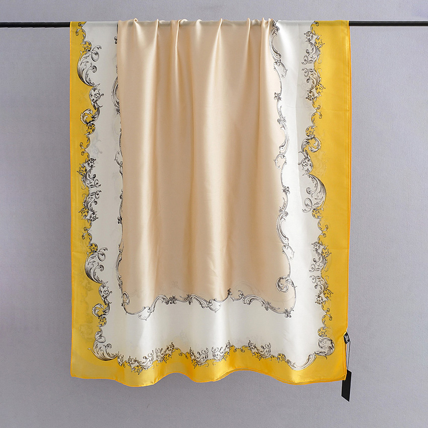 Fashion Yellow Contrast Border Pattern Printed Silk Scarf,Thin Scaves