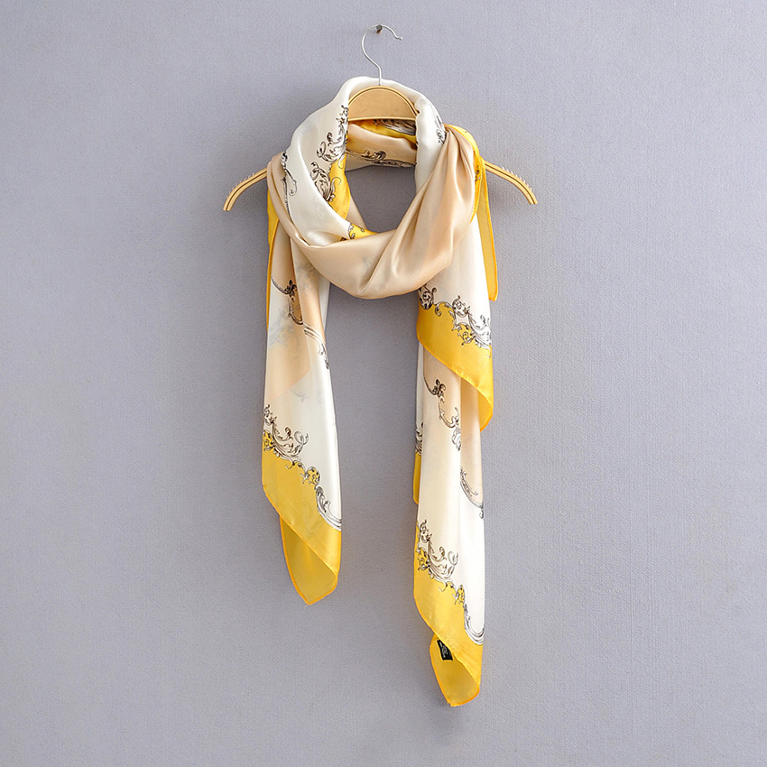 Fashion Yellow Contrast Border Pattern Printed Silk Scarf,Thin Scaves