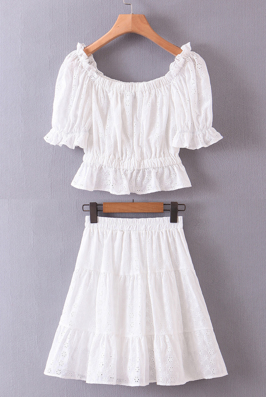 Fashion White Hollow Square Collar Stitching Full Lace Skirt Suit,Tank Tops & Camis