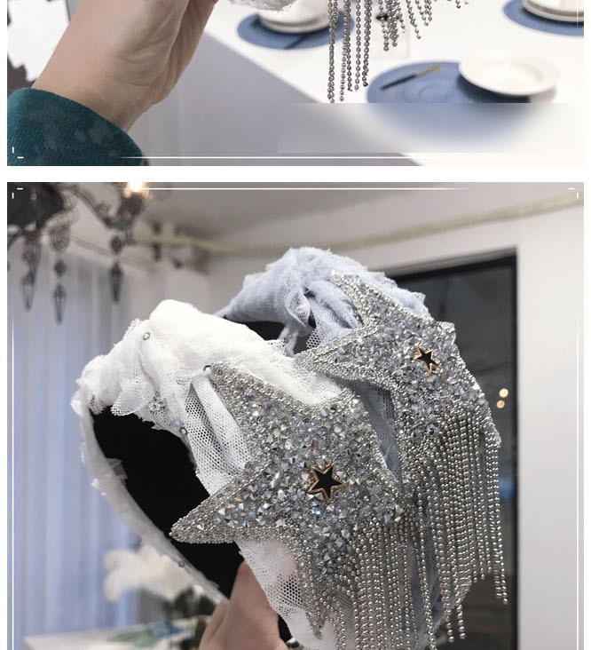 Fashion Beige Lace Gauze: Diamonds: Knotted Star Fringes: Wide-edged Headband,Head Band