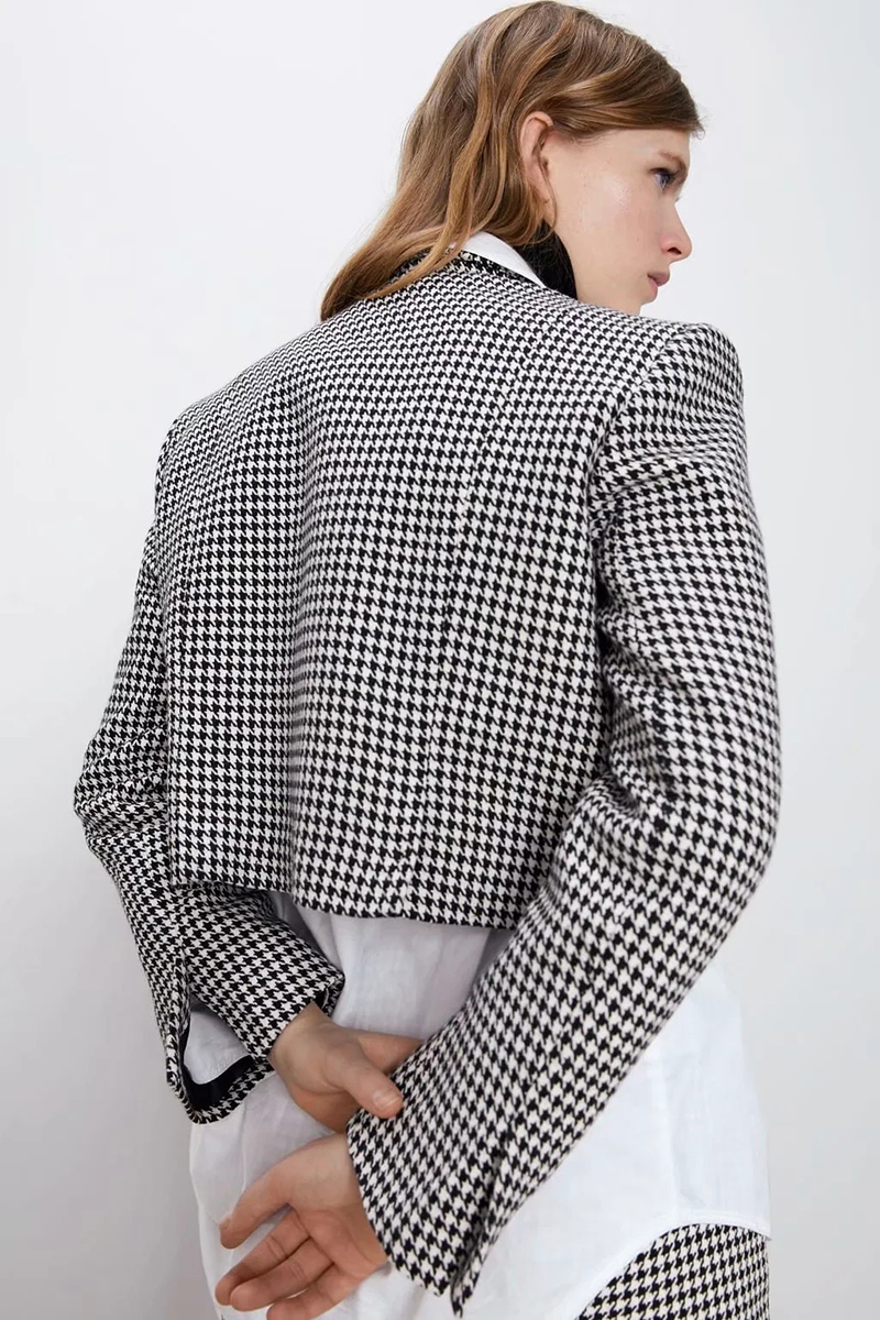 Fashion Black And White Houndstooth Double-breasted Short Suit,Coat-Jacket