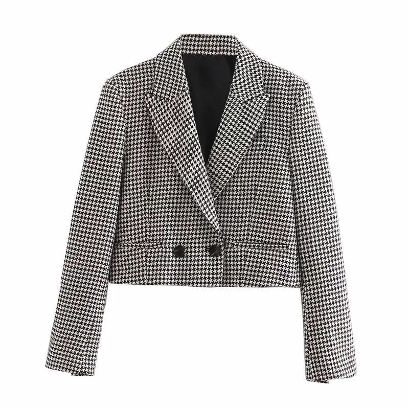 Fashion Black And White Houndstooth Double-breasted Short Suit,Coat-Jacket