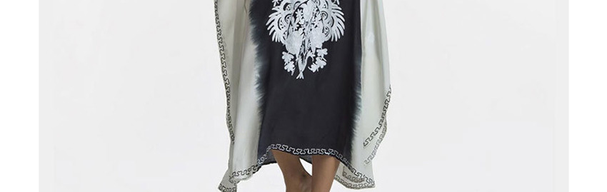Fashion Black And White Flower Print V-neck Contrast Large Dress,Long Dress