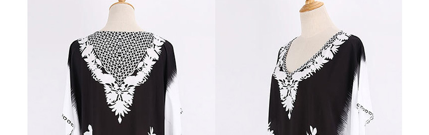 Fashion Black And White Flower Print V-neck Contrast Large Dress,Long Dress