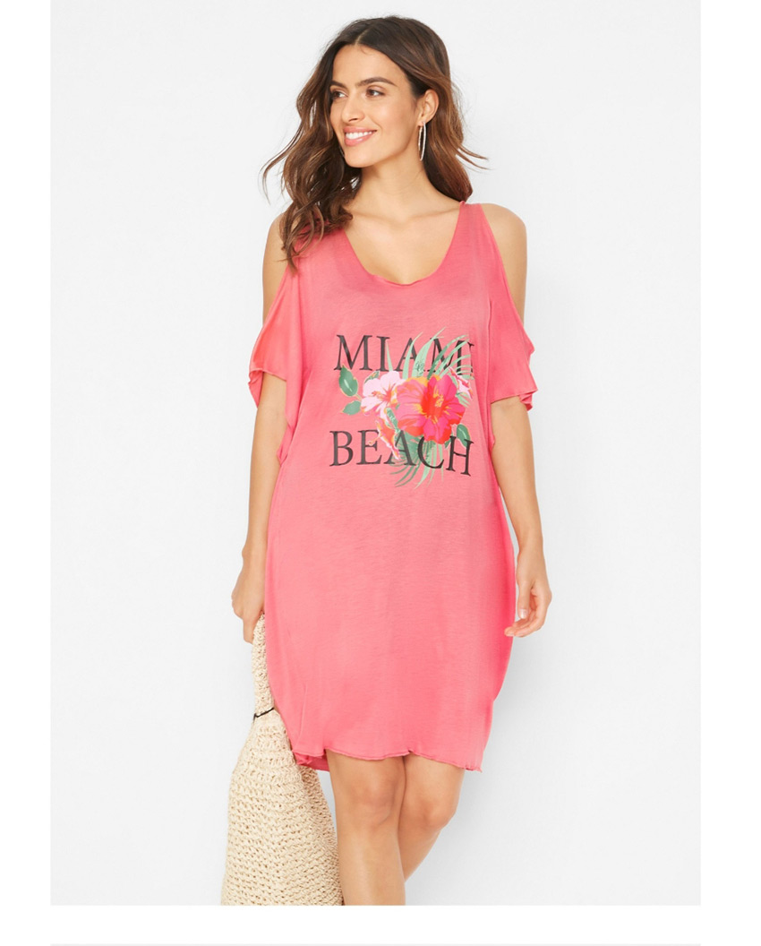 Fashion Pink Off-the-shoulder Printed Knitted Stretch-cotton Dress,Mini & Short Dresses